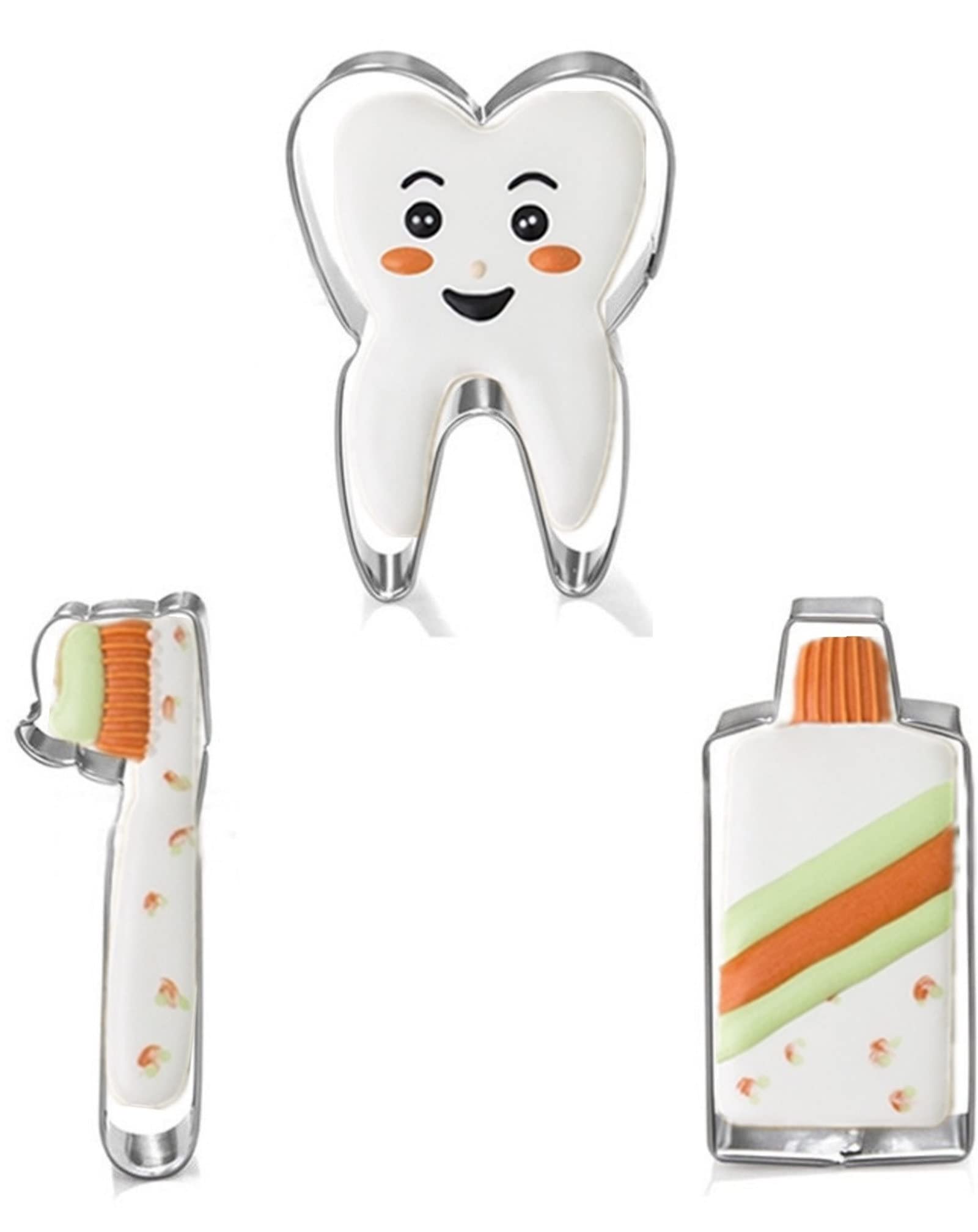 Mini Tooth Series Cookie Cutters Set Of 3 Pcs, Stainless Steel Fondant Cutter Molds Baking Diy (Toothpaste+Toothbrush+Tooth)