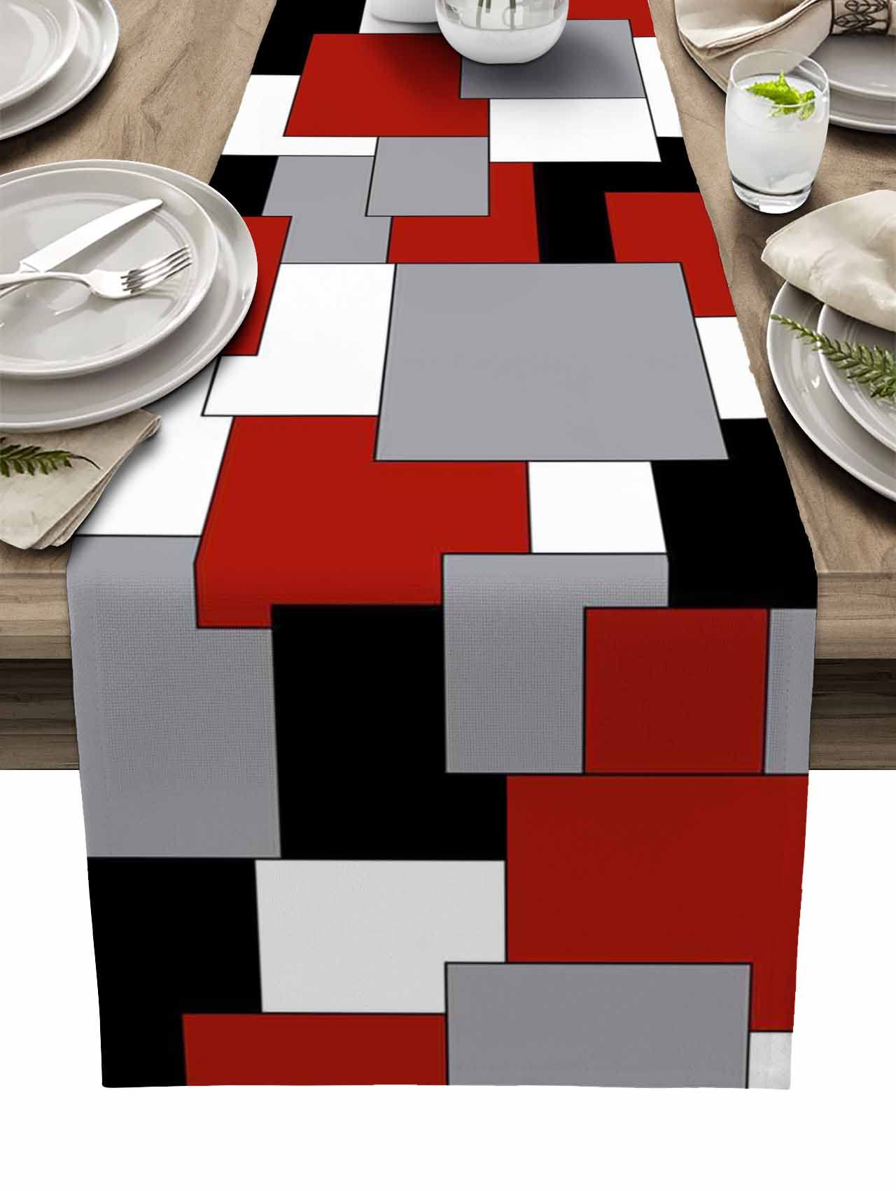 Irregular Geo Cotton Linen Table Runner Dresser Scarves,White Grey Black Red Abstract Geometric Table Runners For Dinning Table,
