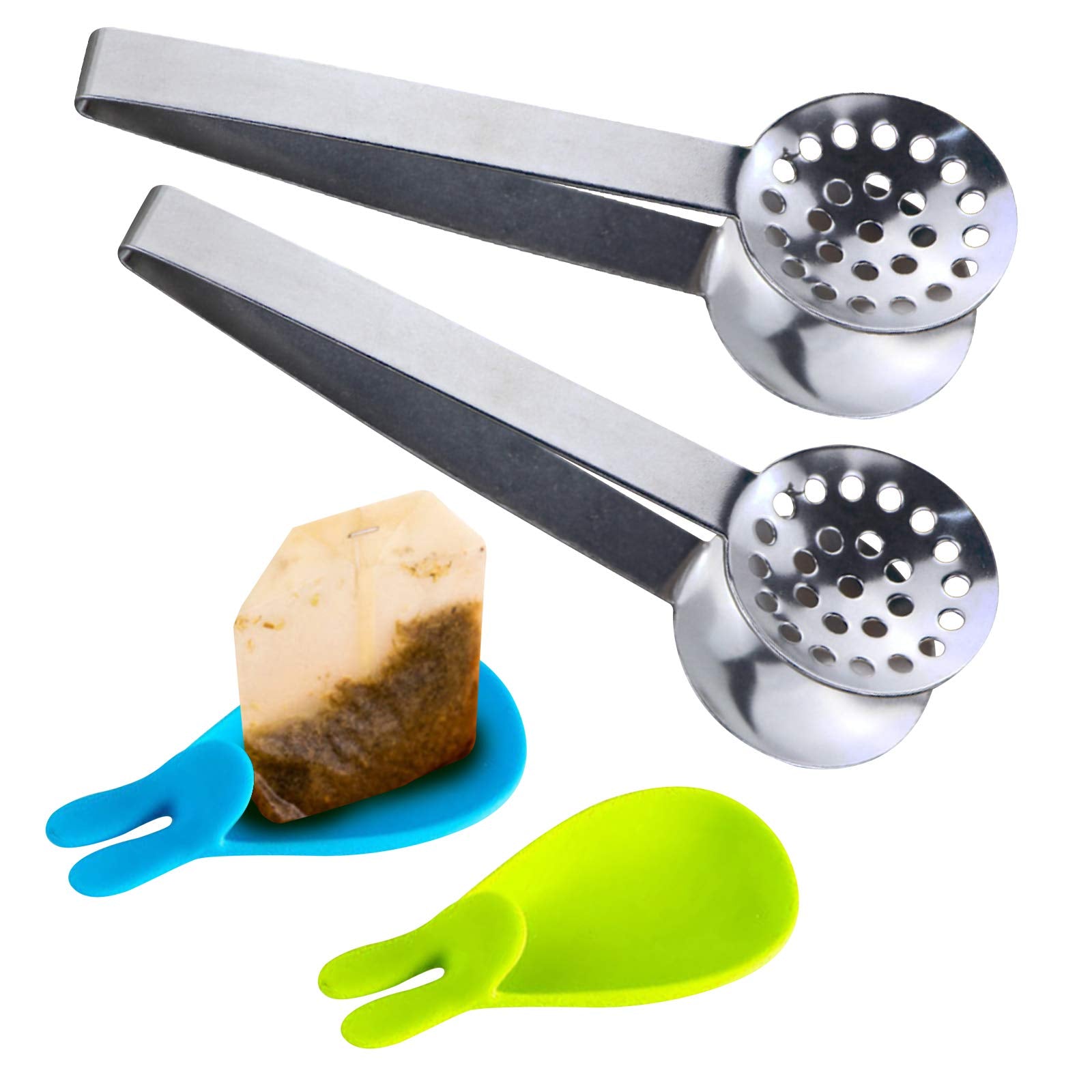 Snail Garden 2Pcs Stainless Steel Tea Bag Tongs, Round Tea Bag Squeezer With 2Pcs Bunny Silicone Tea Bag Holders & Rests- 6Inch