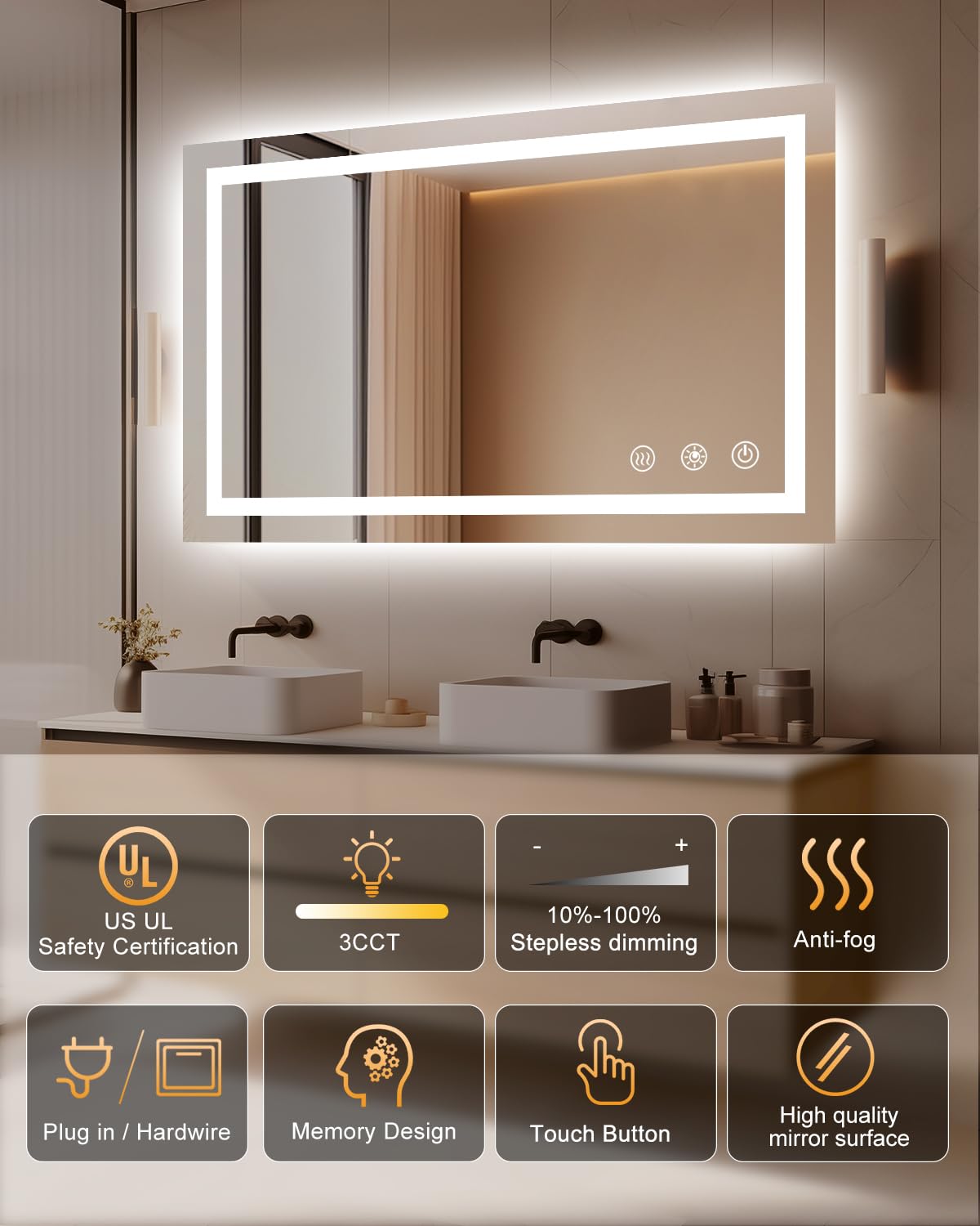 Oneup 40''X24'' Bathroom Mirror With Lights,Front Lighted Bathroom Mirrors For Wall,Anti-Fog Smart Vanity Mirror,Touch Button An