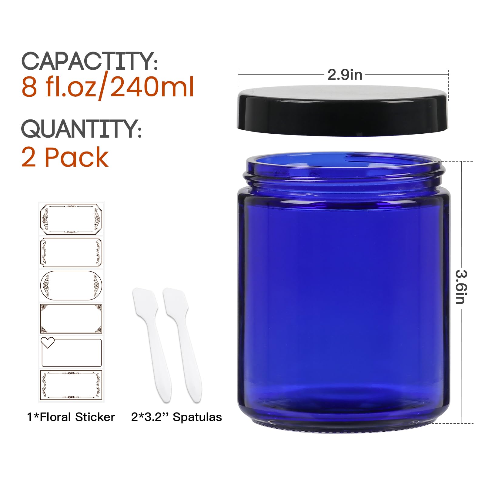 8 Oz Blue Round Glass Jars, Pack Of 2 With Black Lids, Cosmetics Containers For Face Cream Lotion, Powder, Candle, Spice, Body B