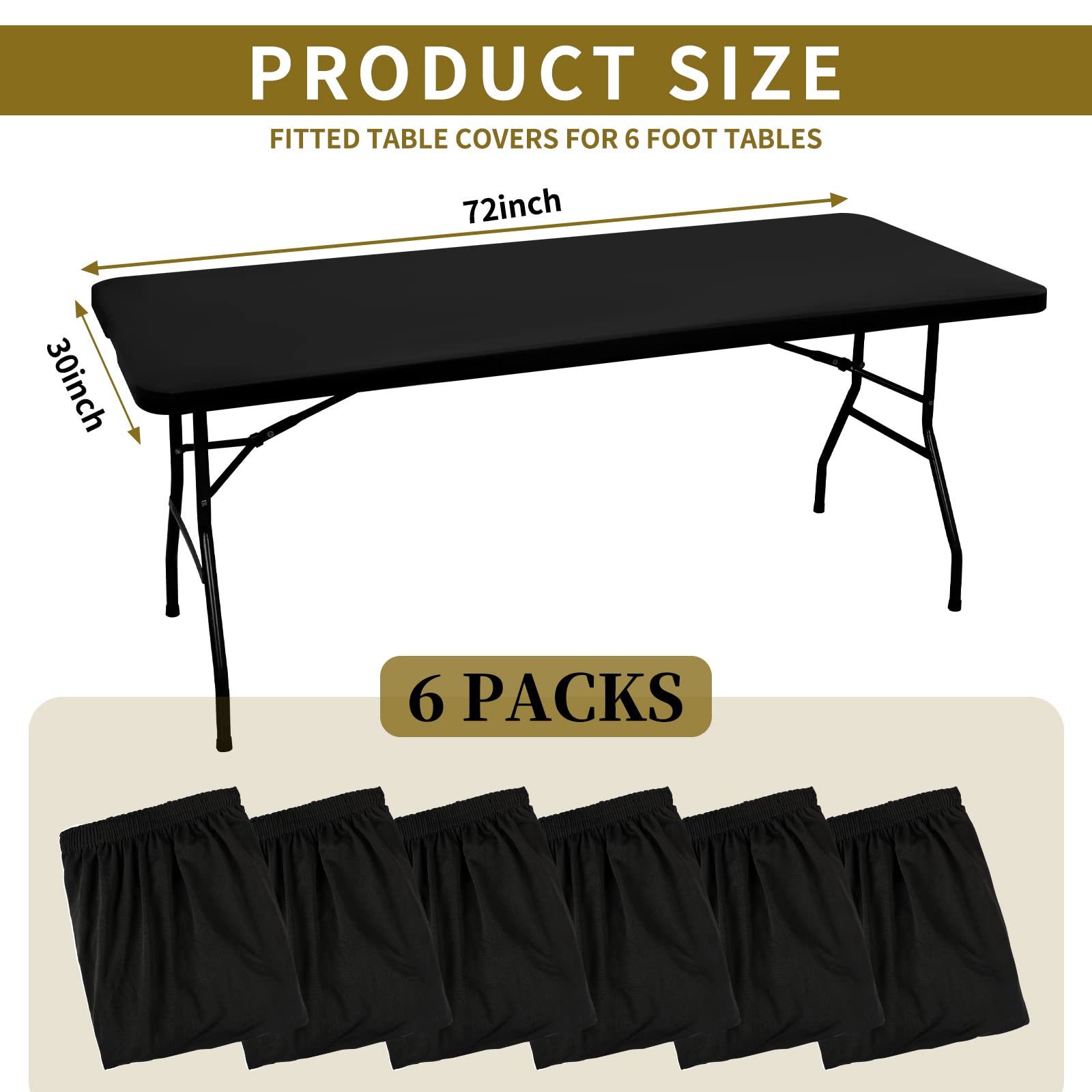 6 Pack Stretch Fabric Table Top Cap Cover, Fits 6' Tables, Spandex Table Covers Washable Elastic Universal Rectangle Tablecloth