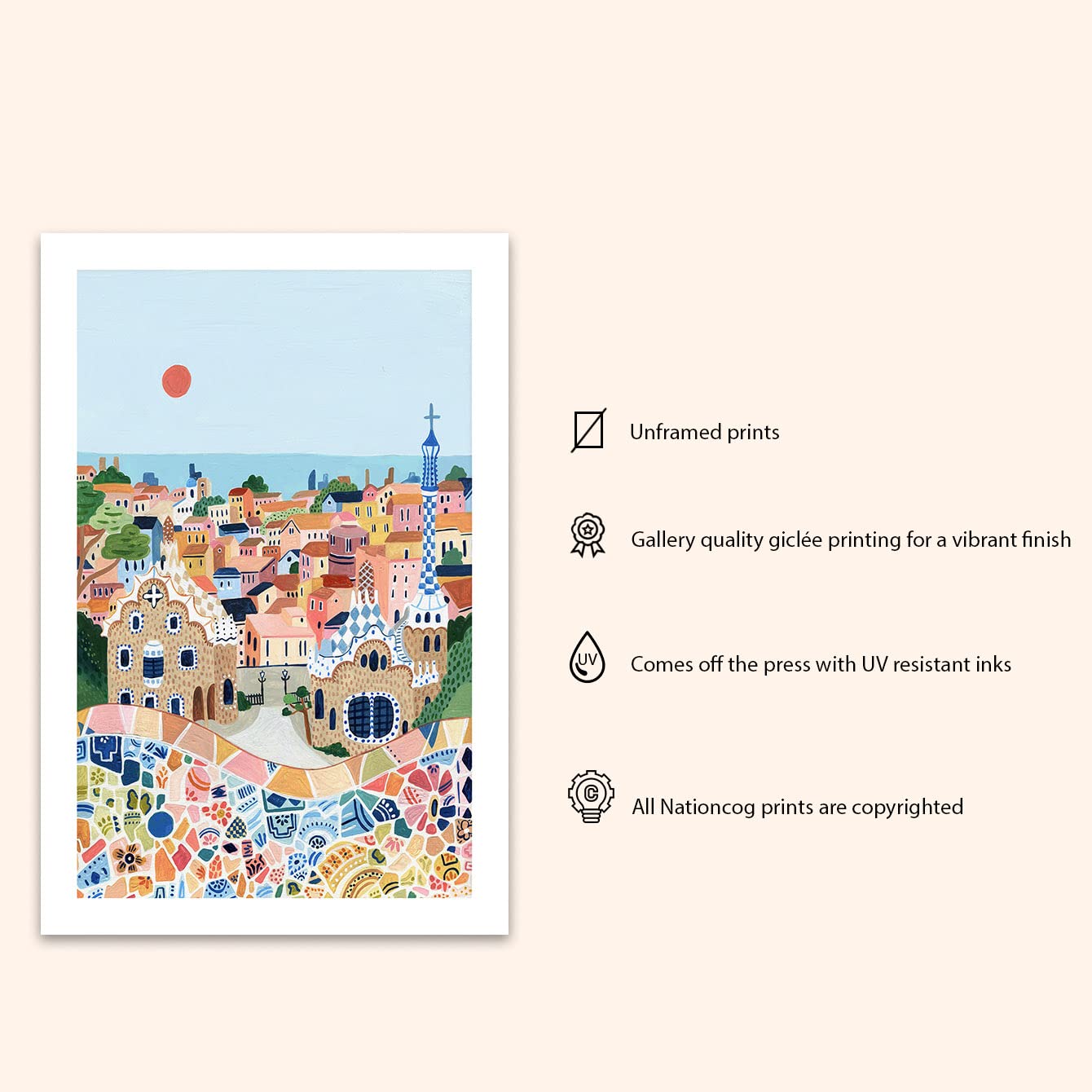 Nationcog Barcelona Travel Print, Park Guell, Travel Gift, Barcelona Poster, Europe Print, Spain Art Print, Travel Art Print, Ho