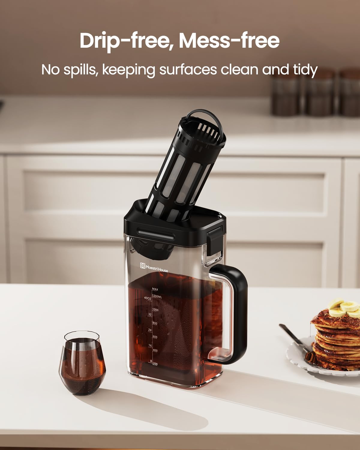 Maestri House Compact Cold Brew Coffee Maker, 41Oz Iced Tea And Coffee Maker Brewer Space Saving Tritan Pitcher, 350 Mesh Filter
