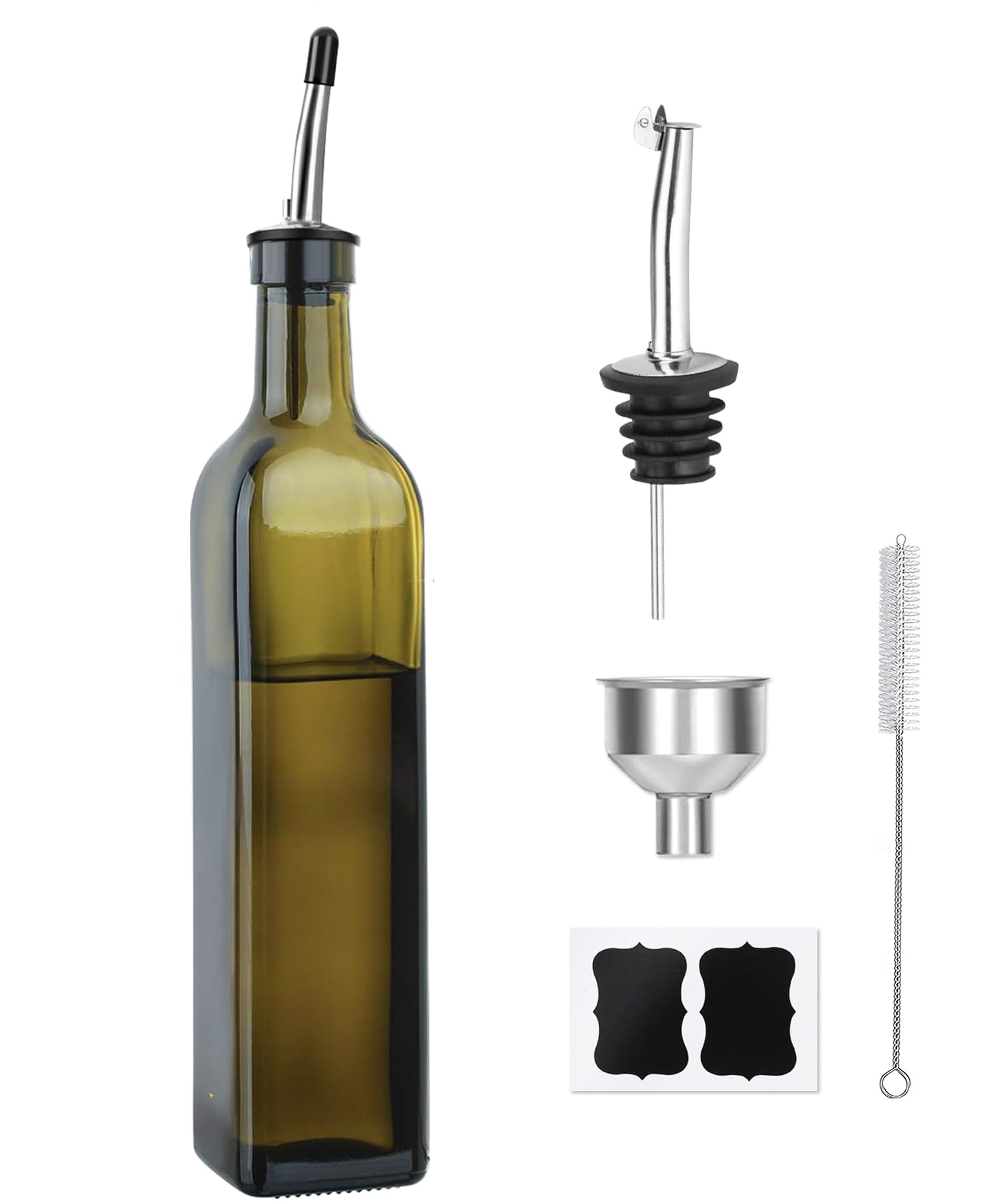 TFPOGOLD Green Olive Oil Dispenser Bottle - 17oz/500ml Glass Oil and Vinegar Bottles Set for Kitchen, Oil Dispenser with 2 Stain