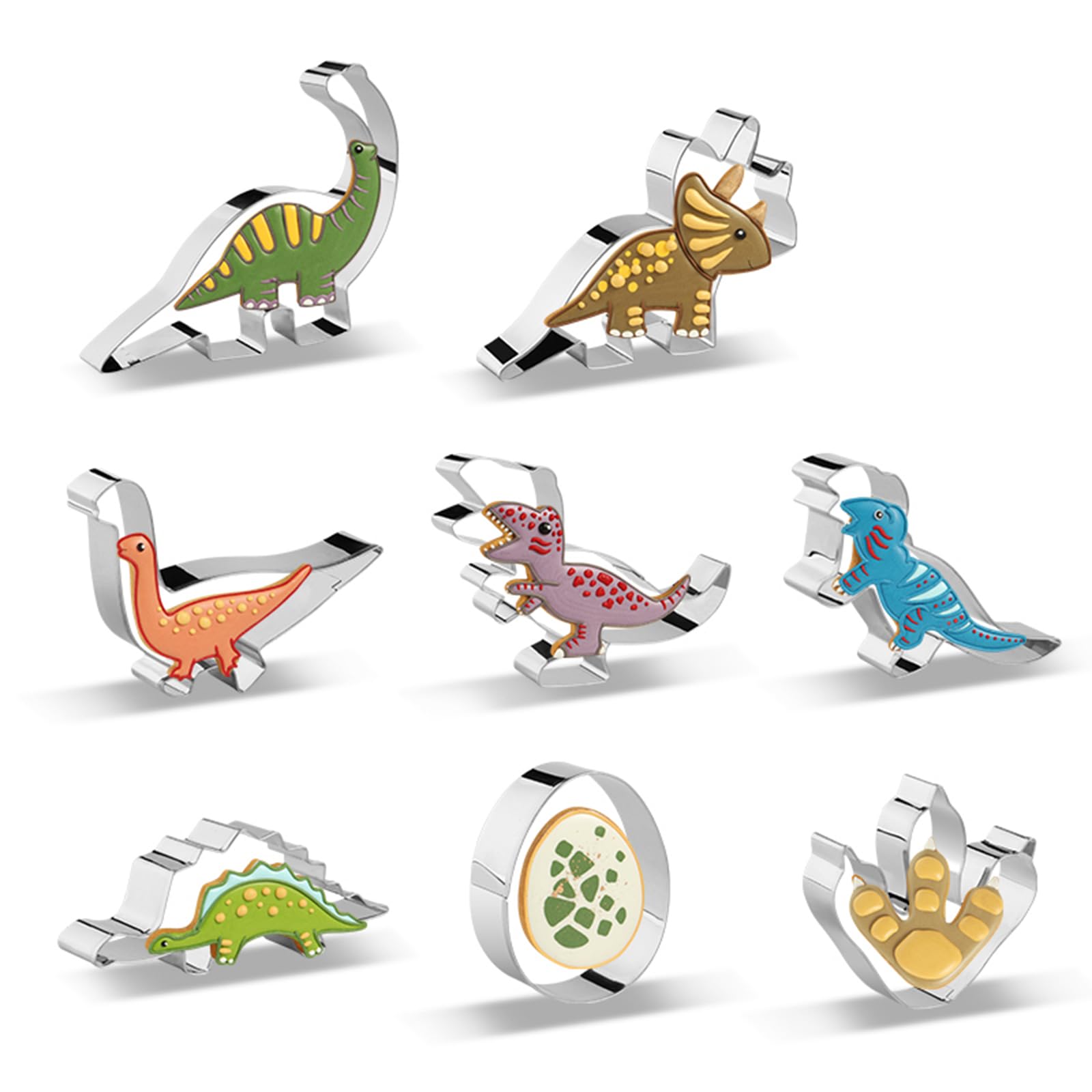 Dinosaur Cookie Cutters Set Of 8 -Triceratops, Dinosaur Egg, Dinosaur Footprint, Stegosaurus, T-Rex, Dinosaurs Baking Mold For K