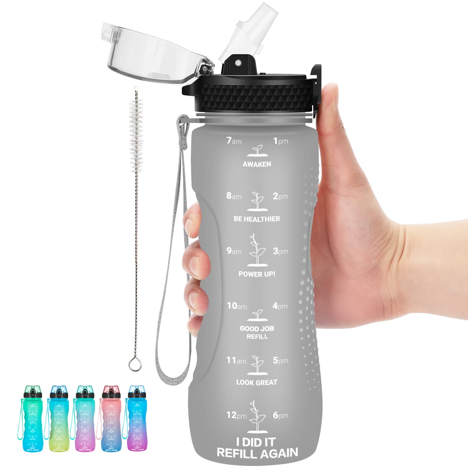 AIDEAMART 24 OZ Motivational Kids Water Bottle With Time Marker,Straw Lid,Leak Proof, Tritan BPA Free Sports Water Bottle Grey(1