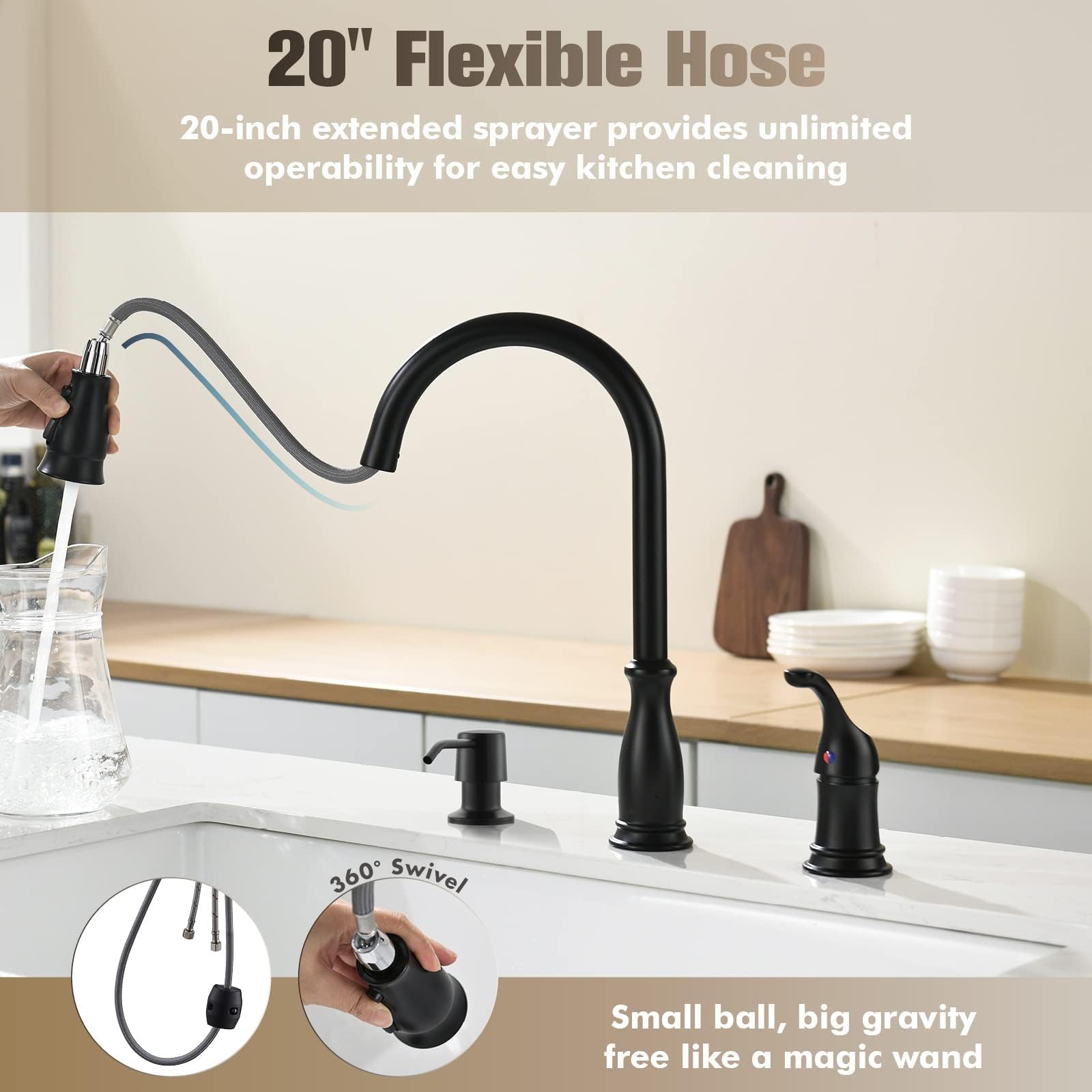 3 Hole Kitchen Faucet, Appaso Kitchen Faucet 3 Hole With Pull Down Sprayer, 3 Pieces Kitchen Faucet With Soap Dispenser And Side