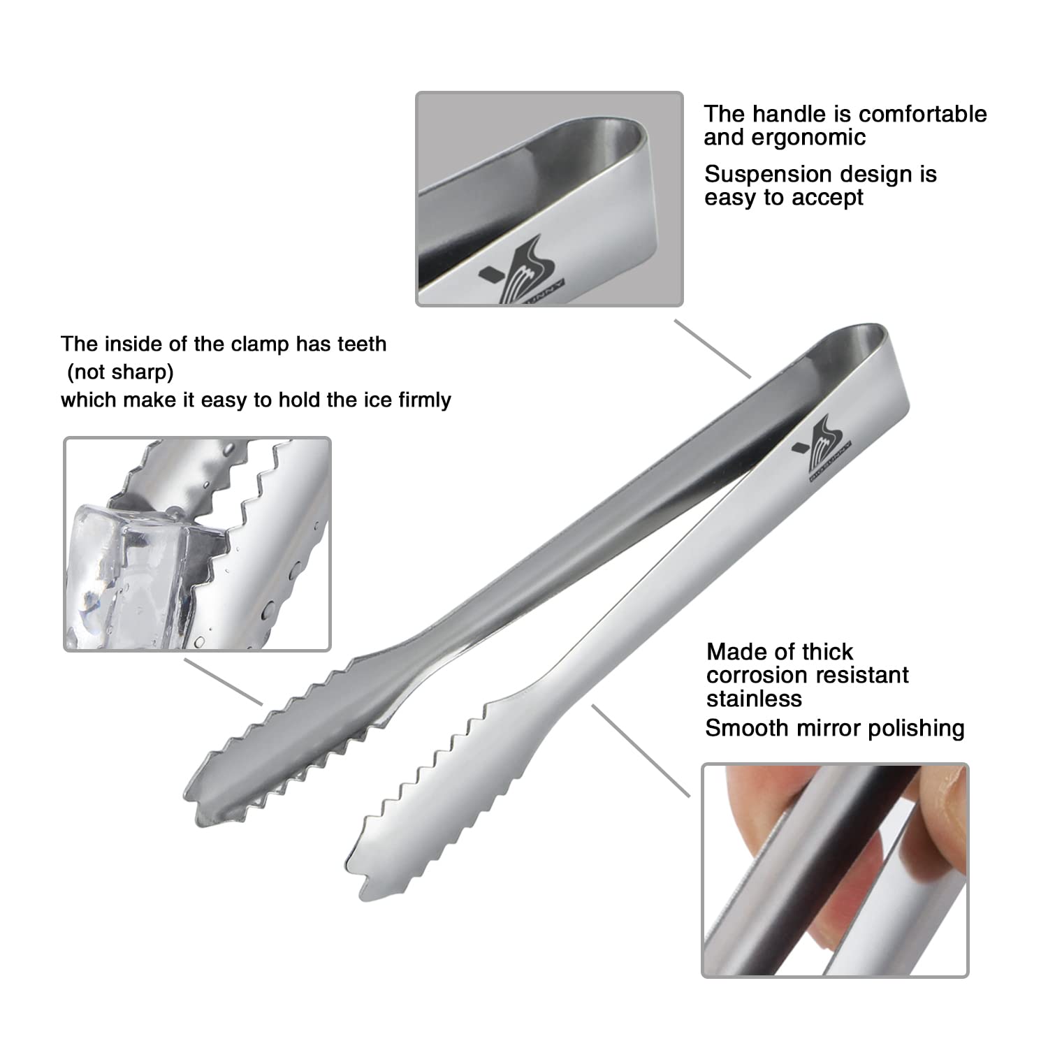 Msy Bigsunny 7 Inches Ice Tongs For Ice Bucket, Stainless Steel Ice Tongs With Teeth, Small Serving Tongs (Silver)