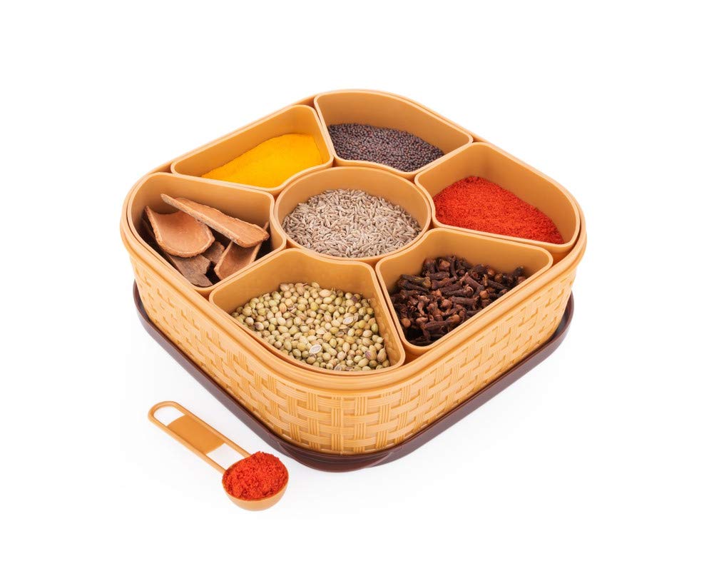 Plastic Masala Box For Kitchen Royal,Spice Boxes For Kitchen, Rangoli/Spice/Masala Dabba Container 7 Compartments With Spoon