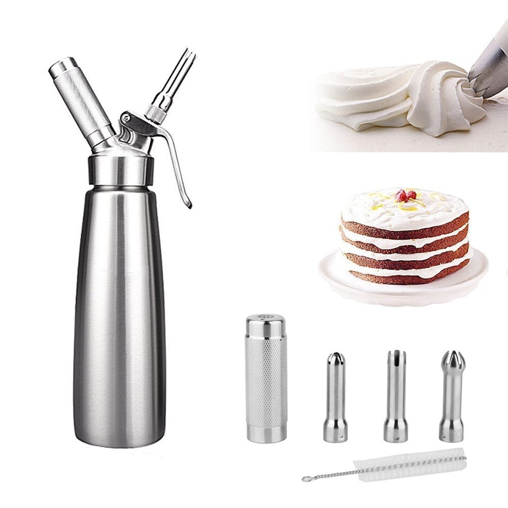 Zoemo All Metal Steel Whipped Cream Dispenser 1 Quart - Professional Culinary Cream Whipper With Full Set Injector Tips Free Rec
