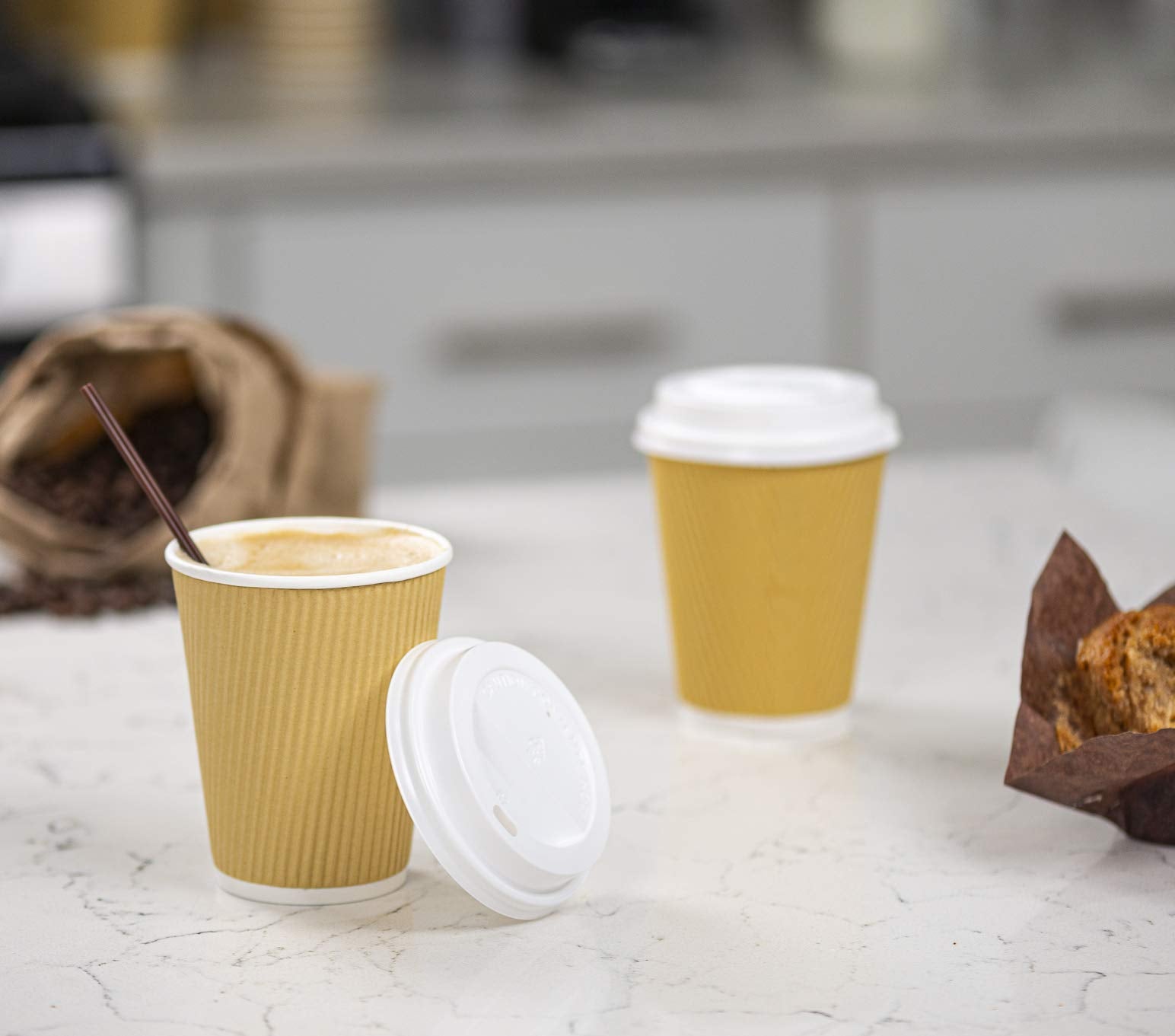 Comfy Package [12 Oz. - 50 Sets Insulated Kraft Ripple Paper Hot Cups, Disposable Coffee Cups With Lids - Ideal For Hot Beverage