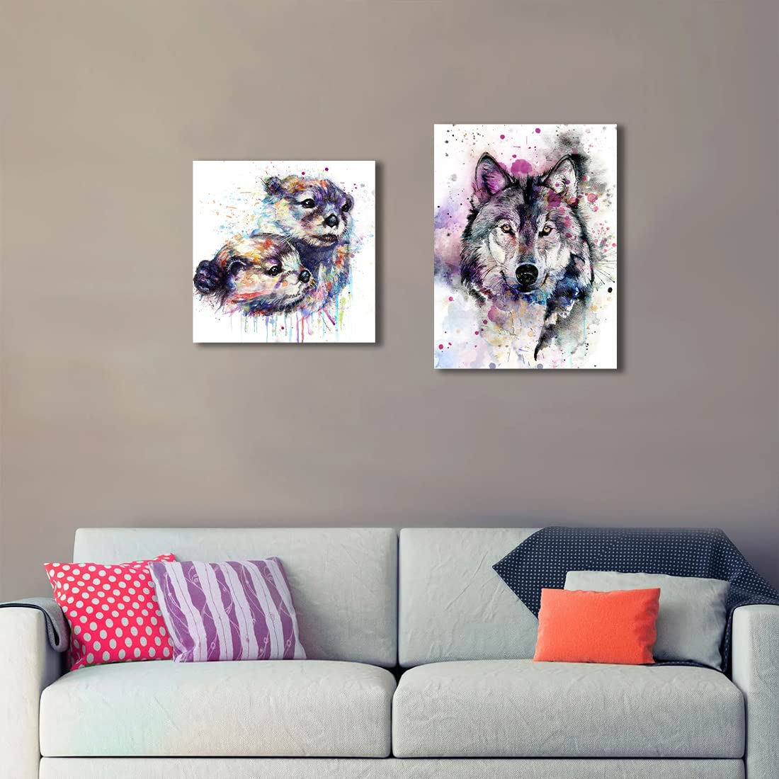 Animals Otter Wall Art Canvas Prints, Lovely Mother Otter Hug Baby Pictures Paintings, Framed Modern Watercolor Poster For Kids