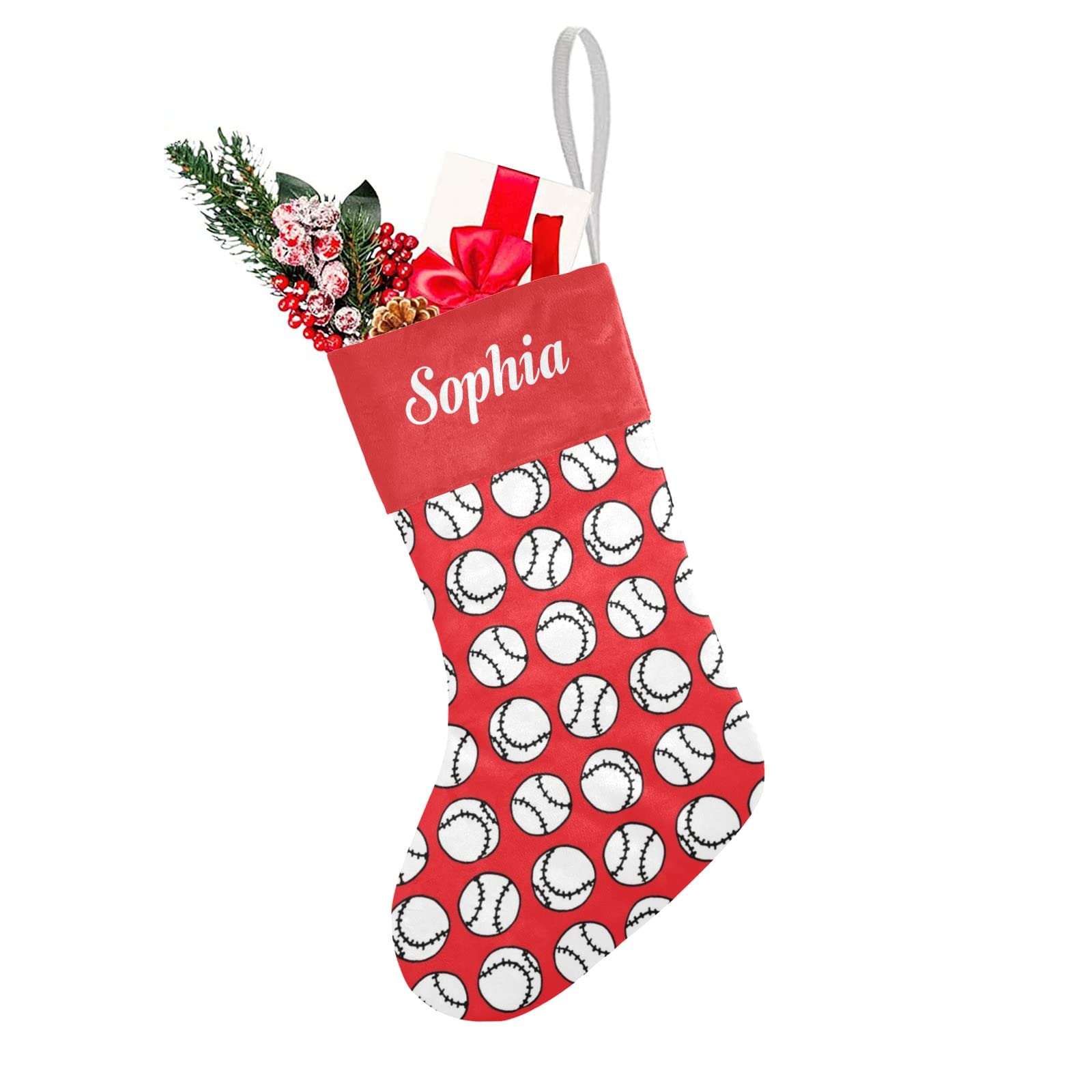 SunFancyCustom Sports Baseballs on Red Christmas Stockings Personalized Holiday Xmas Party Gift Bag Socks Home Decor 17.52 x 7.8