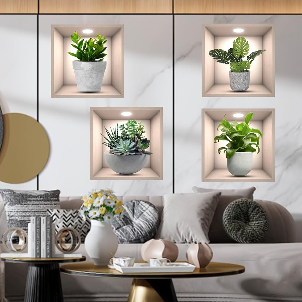 3D Green Plants Wall Sticker,4Pcs 3D Vases Flower Wall Stickers Decals For Living Room Bedroom Kitchen Decor,3D Green Pot Plant