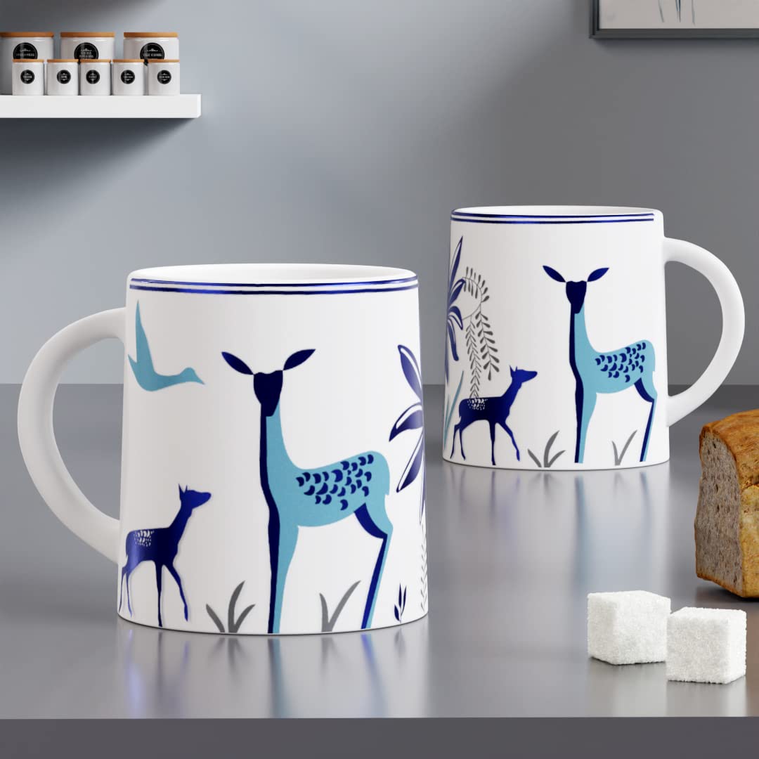 The Earth Store Stag Blue Coffee Mug Set Of 2 To Gift To Best Friends, Coffee Mugs, Microwave Safe Ceramic Mugs,(300 Ml Each)