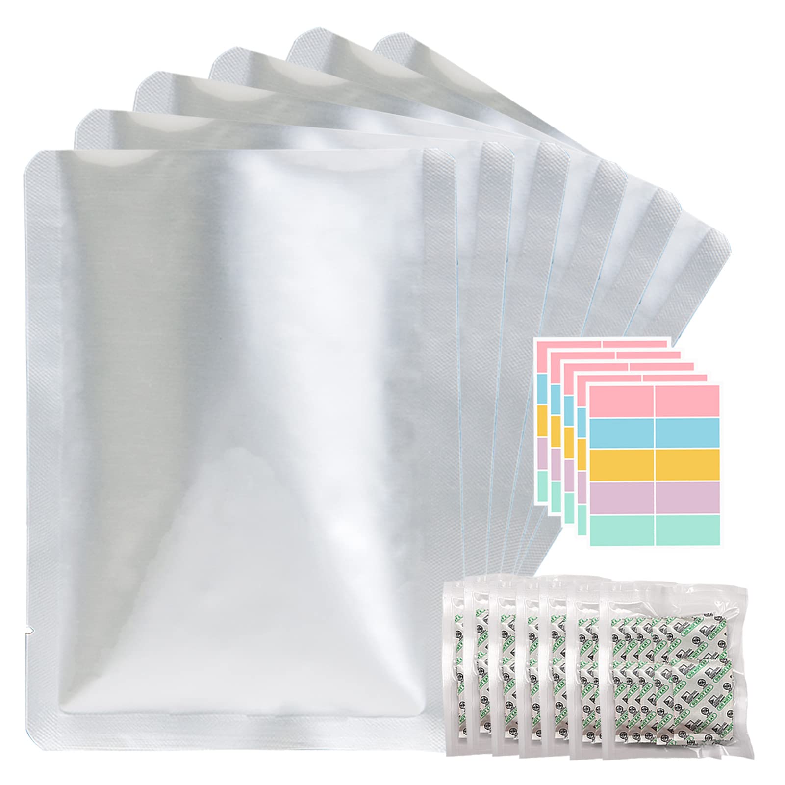 50Pcs 1 Gallon Mylar Bags For Food Storage With Oxygen Absorbers 500Cc (6 Packs Of 10Pcs) And Labels, 9.5 Mil 10''X14'' Vacuum S