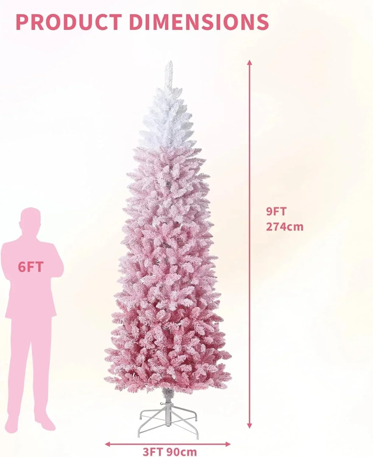 9ft Snow Flocked Pencil Christmas Tree with Pink Gradient, Slim Artificial Xmas Tree on Sturdy Metal Stand, Skinny Holiday Decor