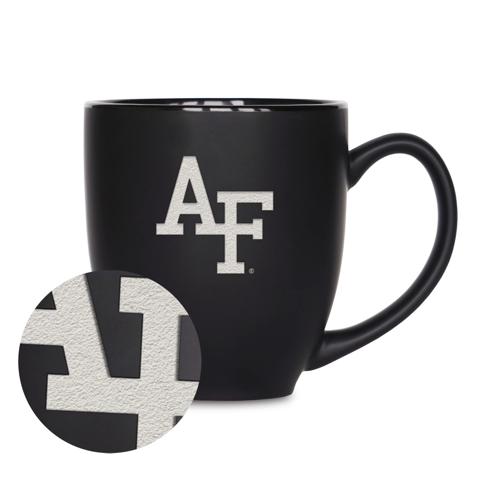 Rico Industries NCAA Air Force Academy Falcons - AF Main 15oz Laser Engraved Matte Black Ceramic Bistro Mug - For Hot or Cold Dr