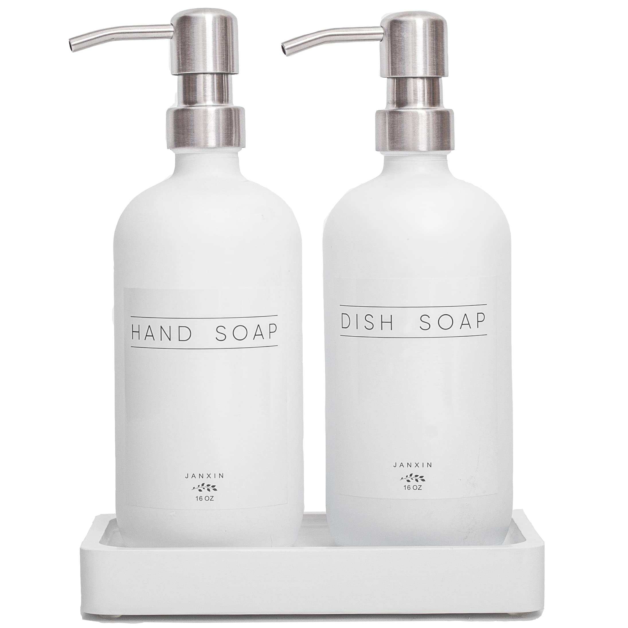 Janxin Glass Soap Dispenser For Kitchen,16Oz Morden Hand And Dish Soap Dispenser With Stainless Steel Pump And Wood Tray,Bathroo