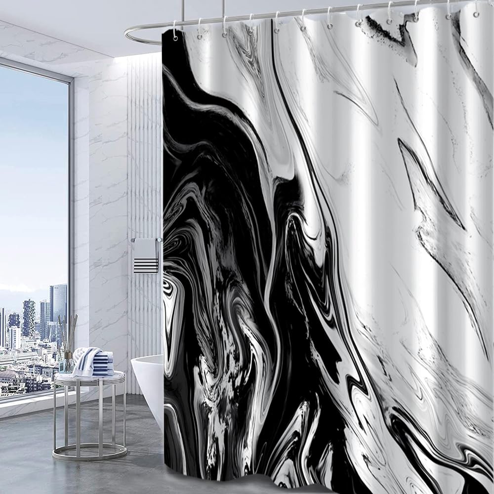 Ruelvth Black And White Shower Curtain, Modern Abstract Marble Shower Curtain For Bathroom Aesthetic Ink Texture Waterproof Fabr