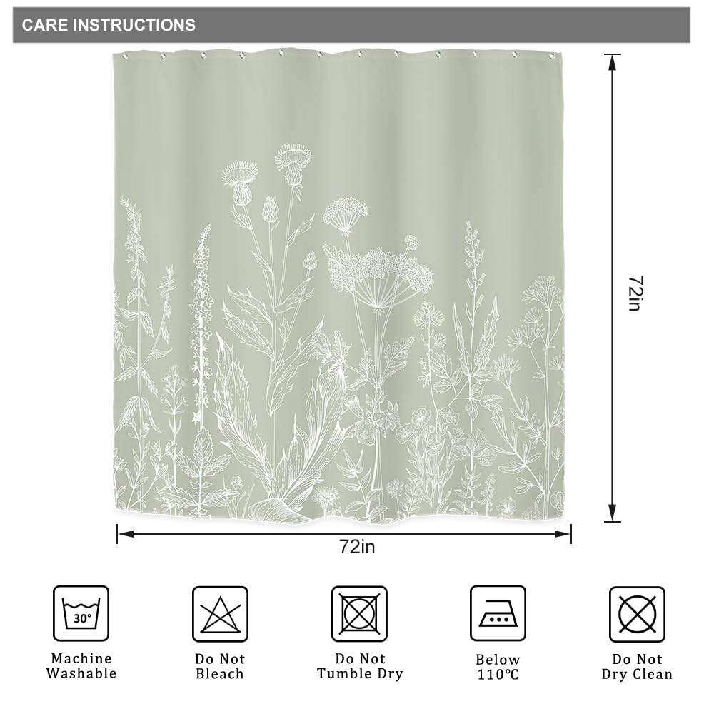 Riyidecor Sage Green Floral Wildflower Shower Curtain For Bathroom Decor 72Wx72H Plant Herbs Botanical Spring Nature Leaf Rustic