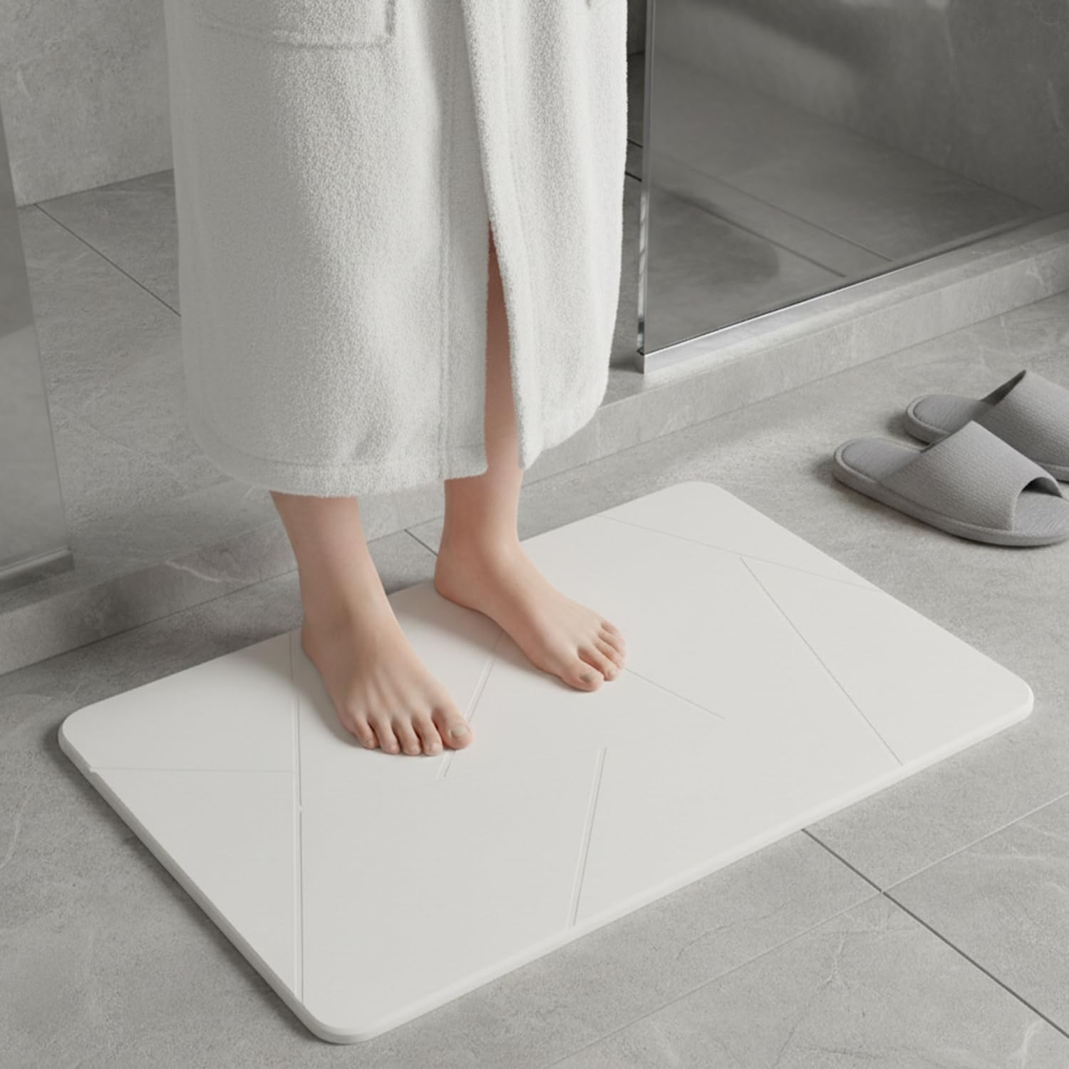 Amazon Basics - Diatomite Stone Bath Mat | 60 L  39 W  0.9 H Cm | Puzzle Surface | White | Fast Drying, Quick Absorption | Anti-