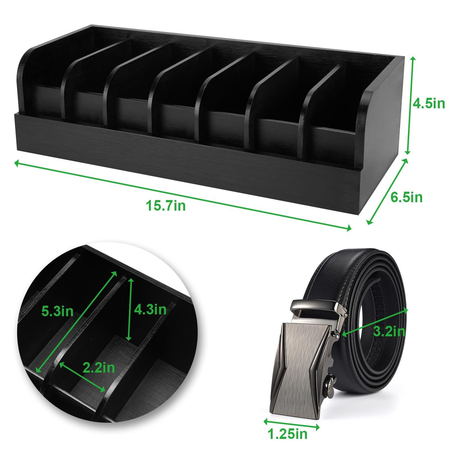 Gti Belt Organizer, 7 Compartments Belt Organizer For Closet And Drawer, Bamboo Display Case For Tie And Belt, Belt Storage Orga