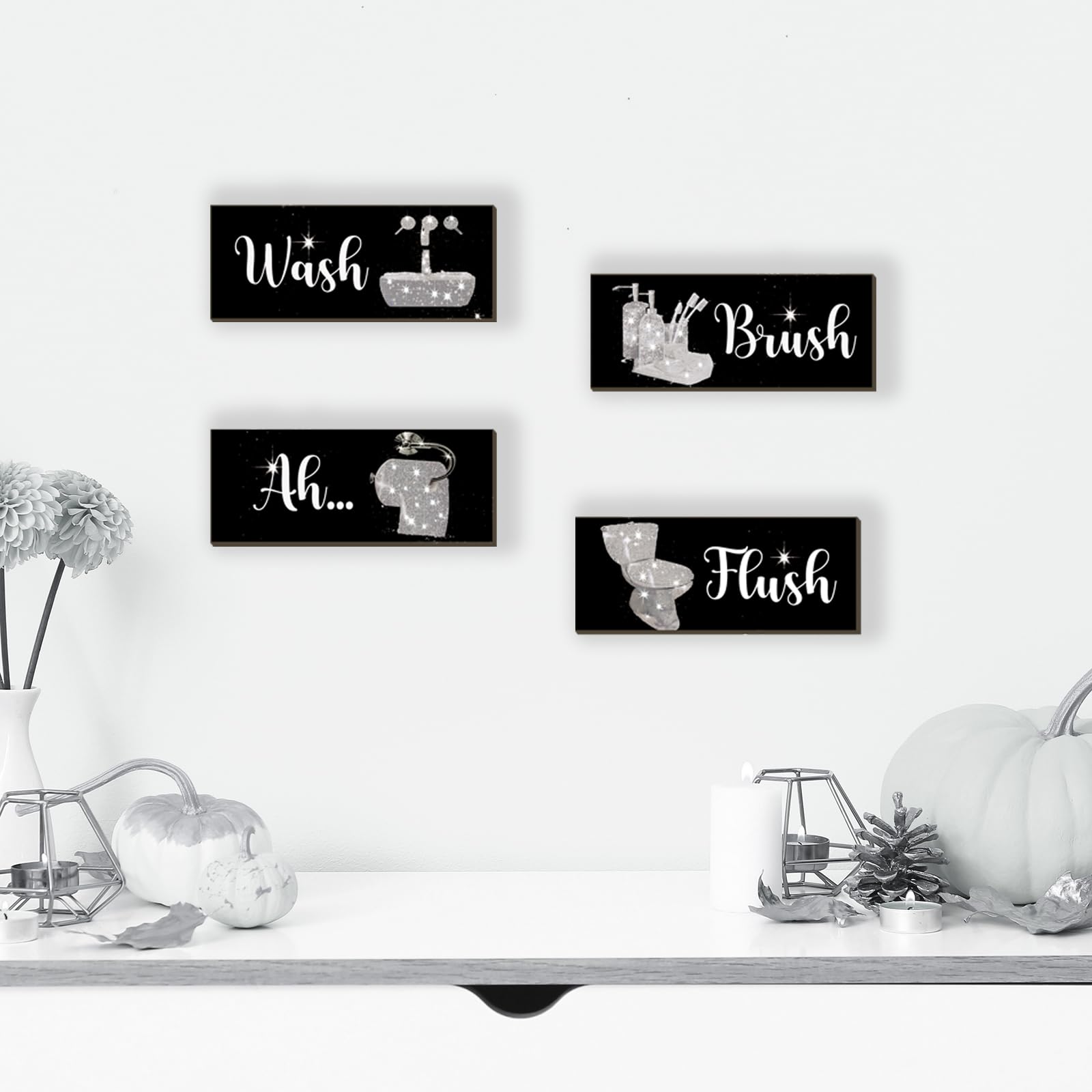 FENCORDAR 4 Pcs Silver Bathroom Decor Funny Silver And Black Wall Art Wooden Bathroom Accessories Modern Funny Glitter Set for H