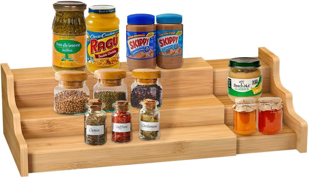 Delavala Spice Rack Organizer For Cabinet  3 Tier (Bamboo) Bamboo Wooden Expandable Display Shelf Modern Waterproof And Non Ski