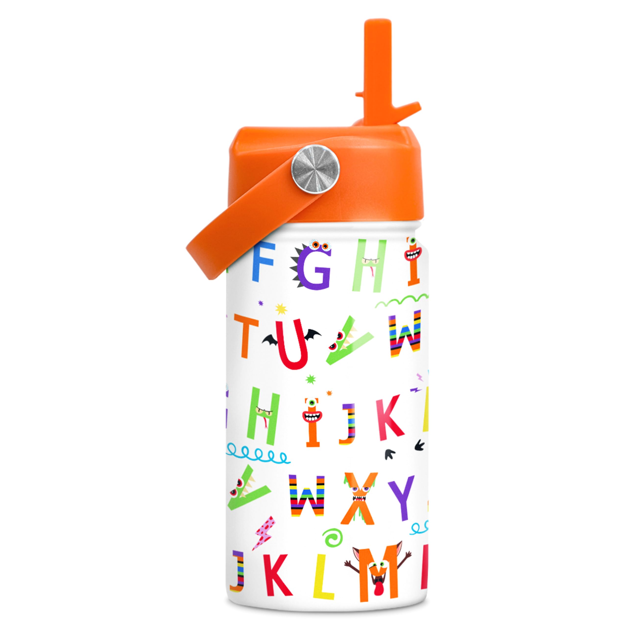 SANDJEST Kids Water Bottle with Straw Lid - 12 Oz Alphabet Insulated Stainless Steel Water Bottles for Kid Girl Boys - Travel Cu
