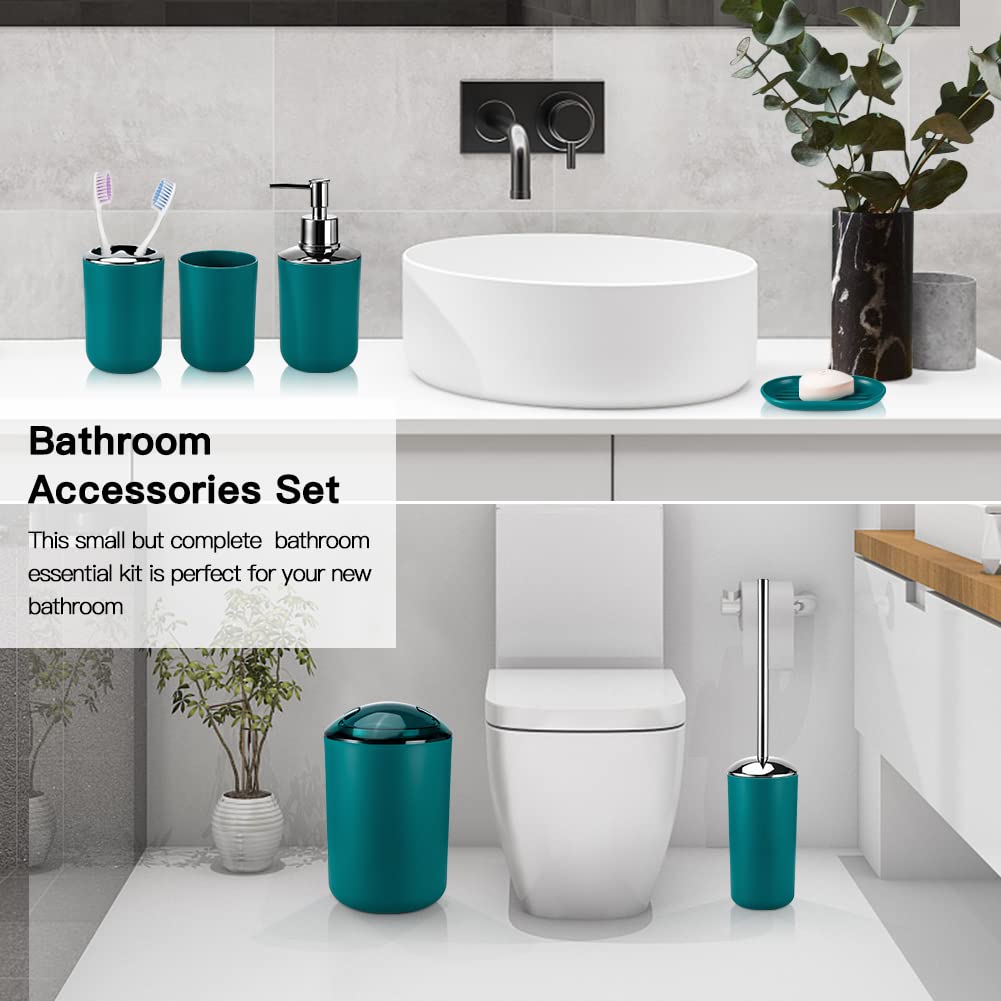 Otostar Bathroom Accessories Set 6 Piece Housewarming Gifts Set Plastic Bathroom Accessory Set Includes Toothbrush Holder Soap Dispenser Tumbler Soap Dish Toilet Brush Holder Trash Can (Dark Green)