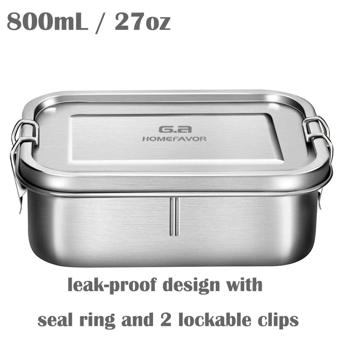 G.A Homefavor Bento Lunch Box, Stainless Steel Lunch Containers Leakproof With Removable Divider, Metal Lunch Containers, 800Ml,
