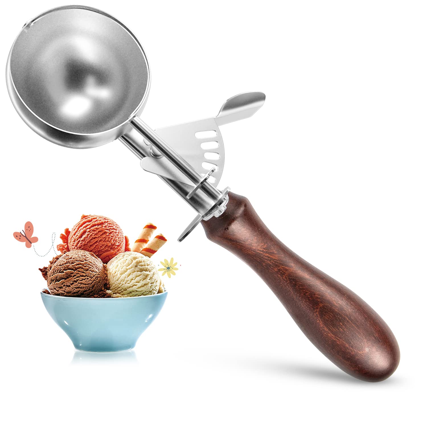 Ice Cream Scoop, Cookie Scoop,Hafan Food Grade 304 Stainless Steel Icecream Scoops With Trigger And Non-Slip Wood Handle, For Ic