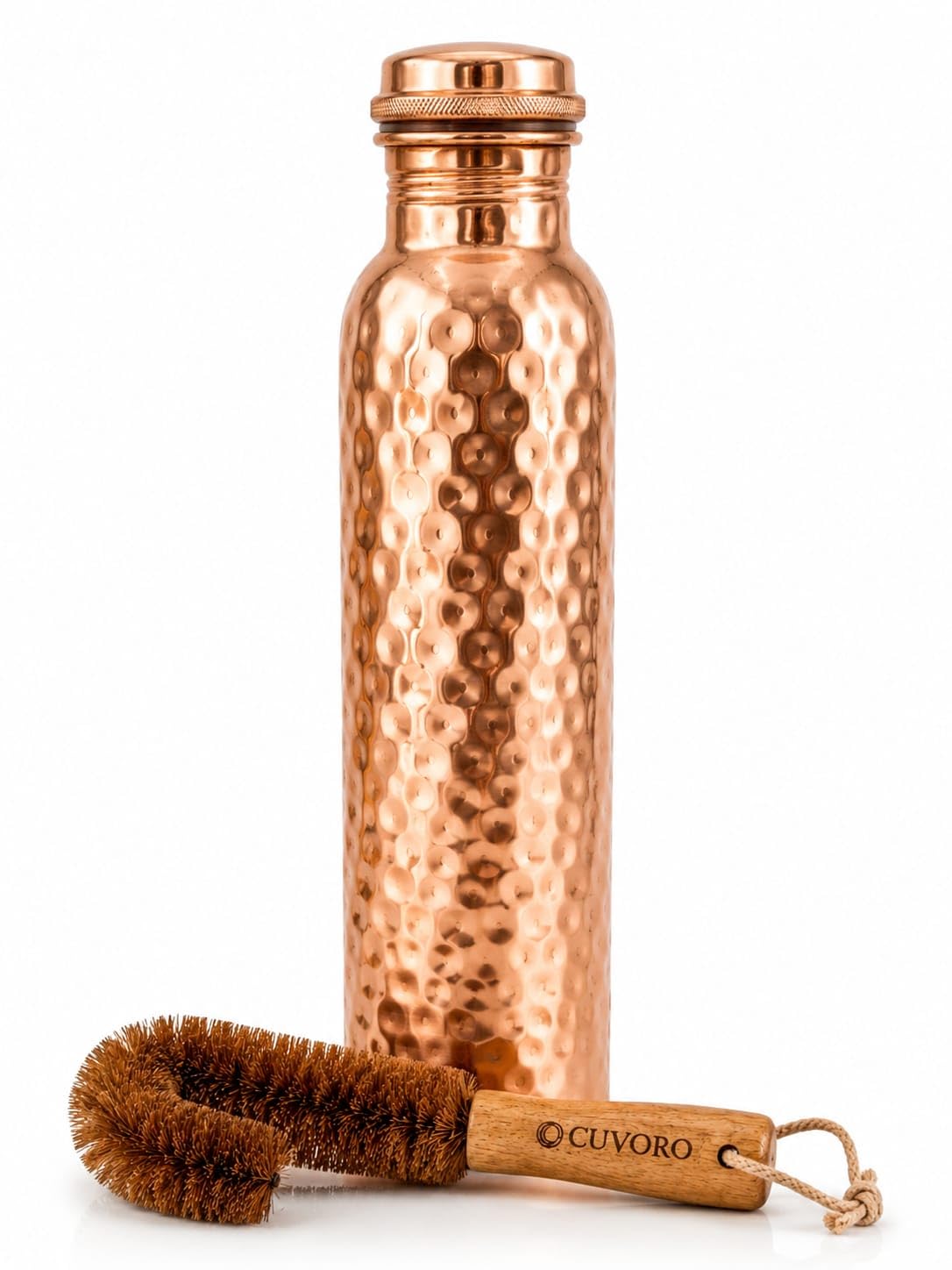 Cuvoro Essentials Copper Water Bottle, 34 oz 1 Litre Hammered Finish Metal Drinking Bottle with LeakResistant Lid,Cleaning Brus
