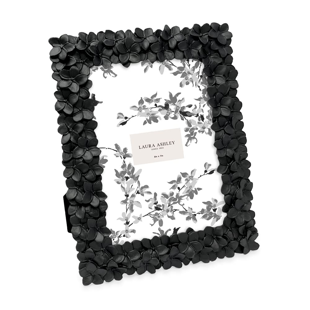 Laura Ashley 5x7 Black Flower Textured Hand-Crafted Resin Picture Frame w/Easel & Hook for Tabletop & Wall Display, Decorative F