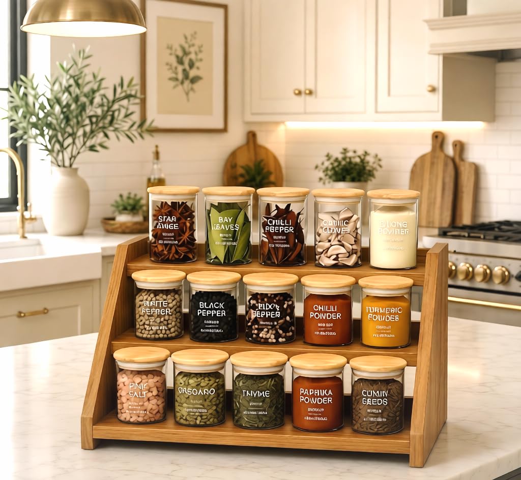Oxmic Kitchen Organizer Rack, 3Tier Wooden Spice Rack, Teak Colour, 30X23X23 Cm, Countertop Kitchen Organiser Stand
