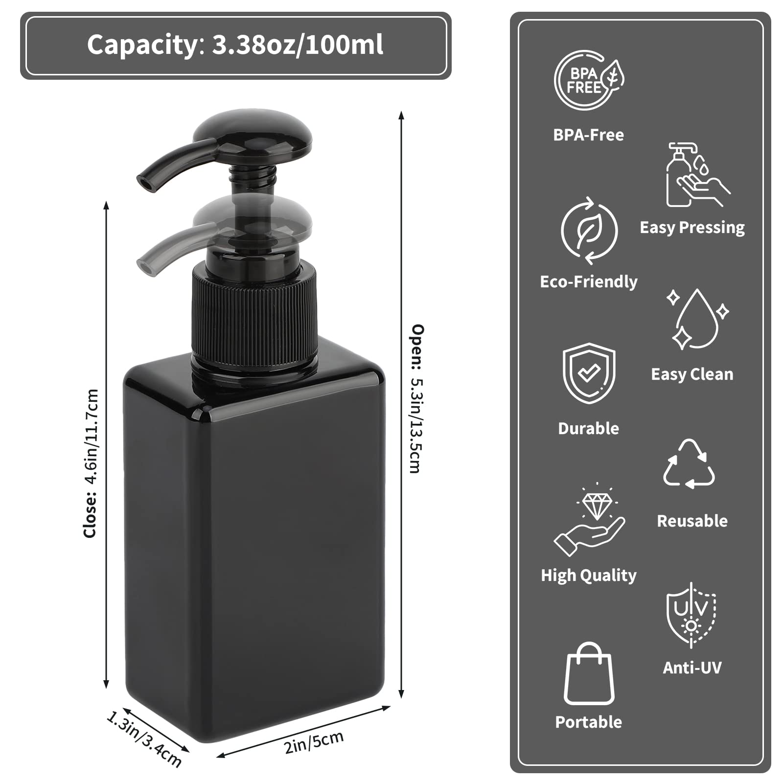 Segbeauty Black Plastic Square Shower Dispenser, 4Pcs 3.4Oz Empty Hand Soap Bottles With Label, 100Ml Refillable Press Pump Port