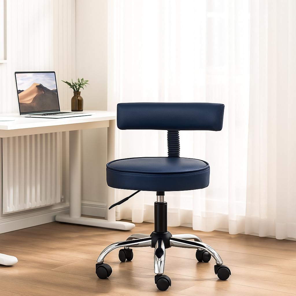 Newturn Ketto Chrome Metal Rolling Stool With Lift & Swivel | Adjustable Height Salon Stool With Foot Rest | Compact Seating For