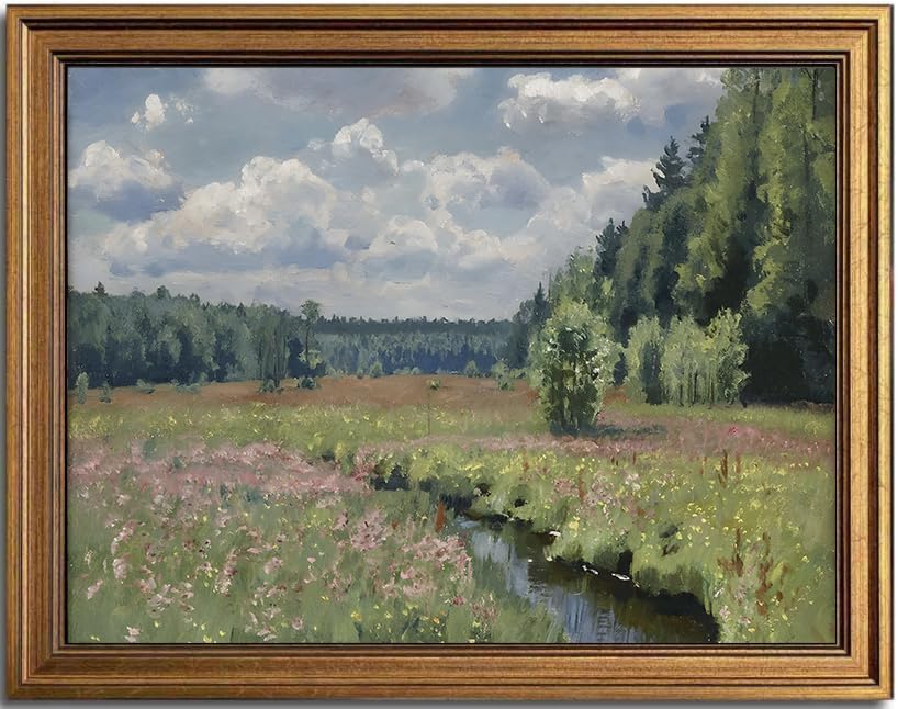 Kbkbart Gold Framed Vintage Wall Art Prints, Retro Muted Green Forest Nature Wilderness Illustrations Canvas Painting, Farmhouse