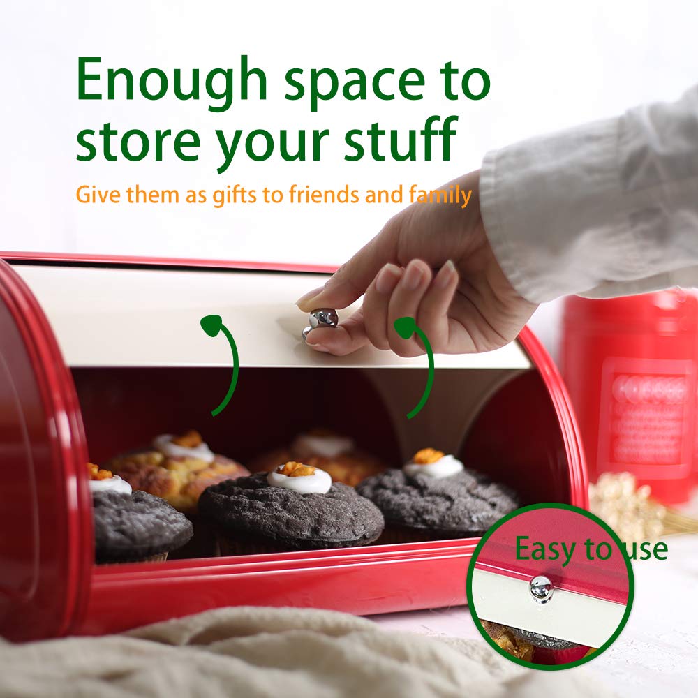 X458 Metal Bread Box/Bin/Kitchen Storage Containers With Roll Top Lid (Red)