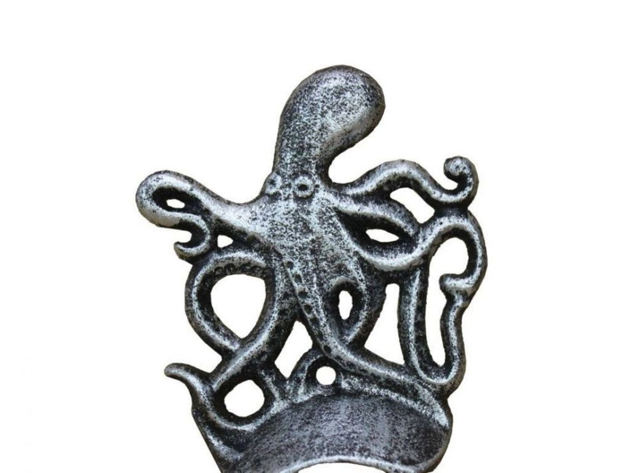 Hampton Nautical Antique Silver Cast Iron Wall Mounted Octopus Bottle Opener