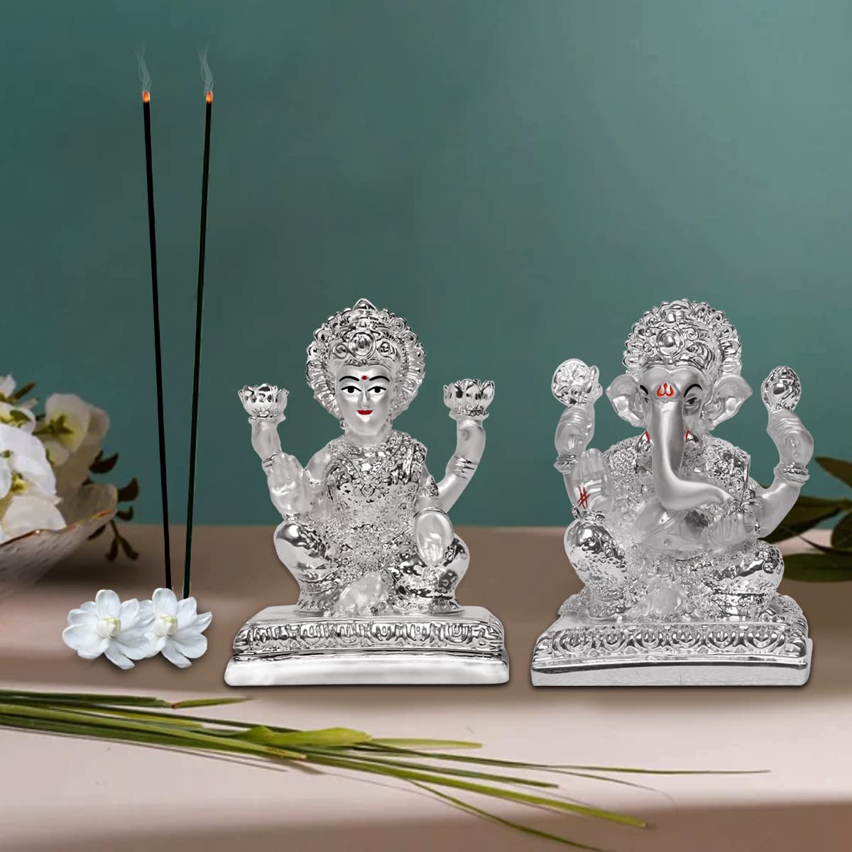 Diviniti Laxmi & Ganesha Idol For Diwali Home Decor|999 Silver Plated Sculpture Of Laxmi Ganesha Figurine|Idol For Home, Office,