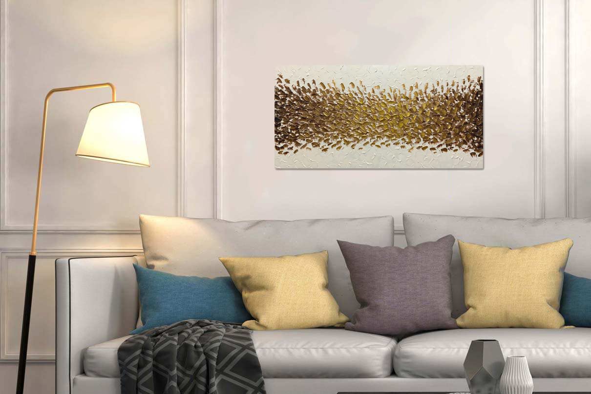 Azavy Art,24X48 Inch Hand-Painted Gold Cream White Oil Painting Textured Abstract Horizontal Wall Art Contemporary Artwork Wrapp