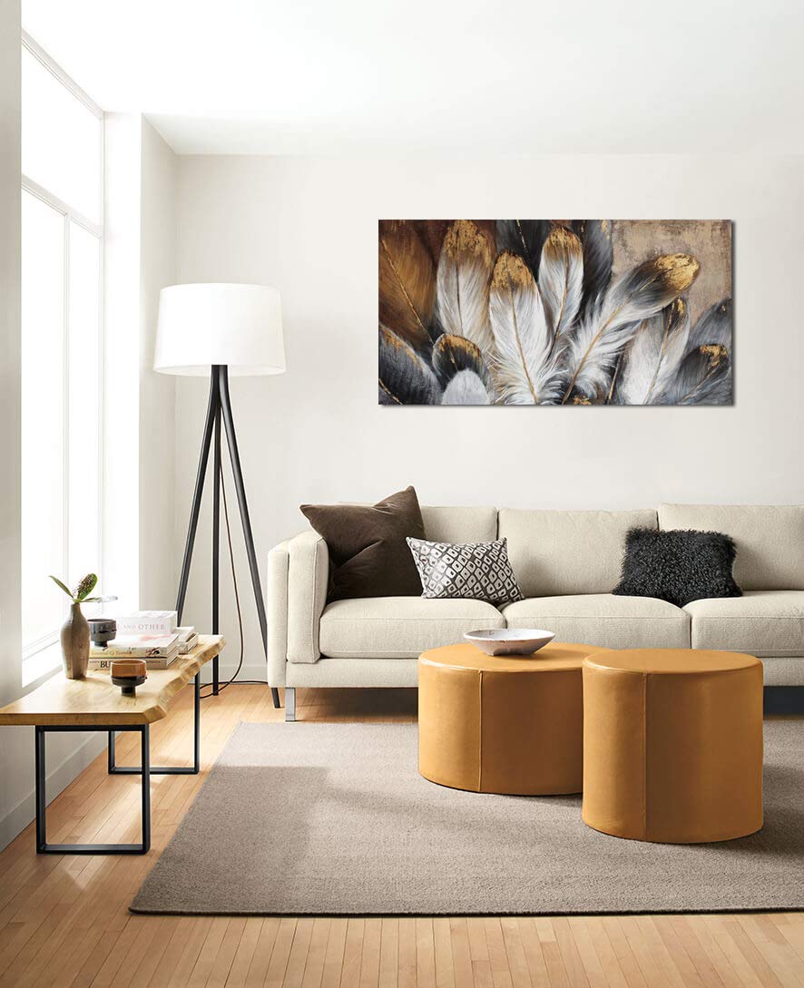 Feather Canvas Wall Art Modern Living Room Bedroom Wall Decoration Large Giclee Print Canvas Painting Artwork for Home Decor One Piece White Gold Brown Feather Picture Ready to Hang 24x48 Size