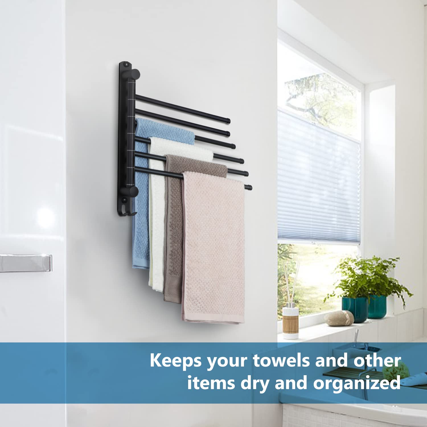 JSVER Bathroom Towel Rack - 6 Arms Wall-Mounted Stainless Steel Holder in Black, Model JSVER-TR000