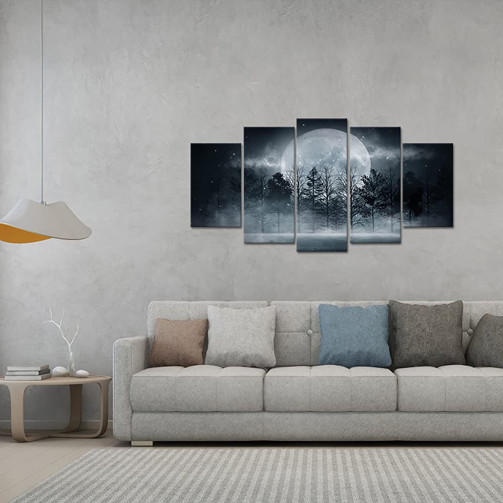 Vanseeing 5 Panels Forest Under Full Moon Canvas Wall Art Mystic Night Scene Picture Prints Large Nature Landscape Wall Decor Re