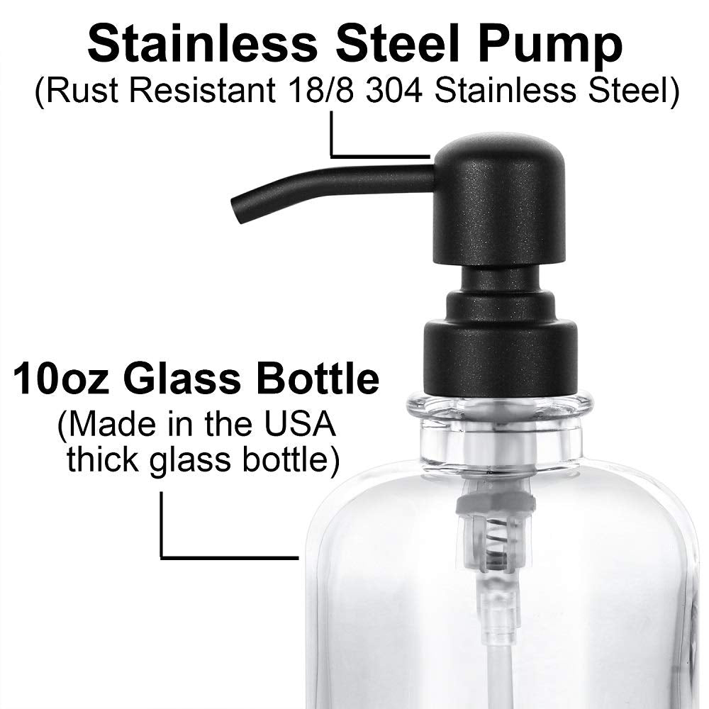 2 Pcs Thick Clear Glass Jar Hand Soap Dispenser Bathroom With Matte Black Stainless Steel Pump, 12Ounce Clear Boston Round Bottl