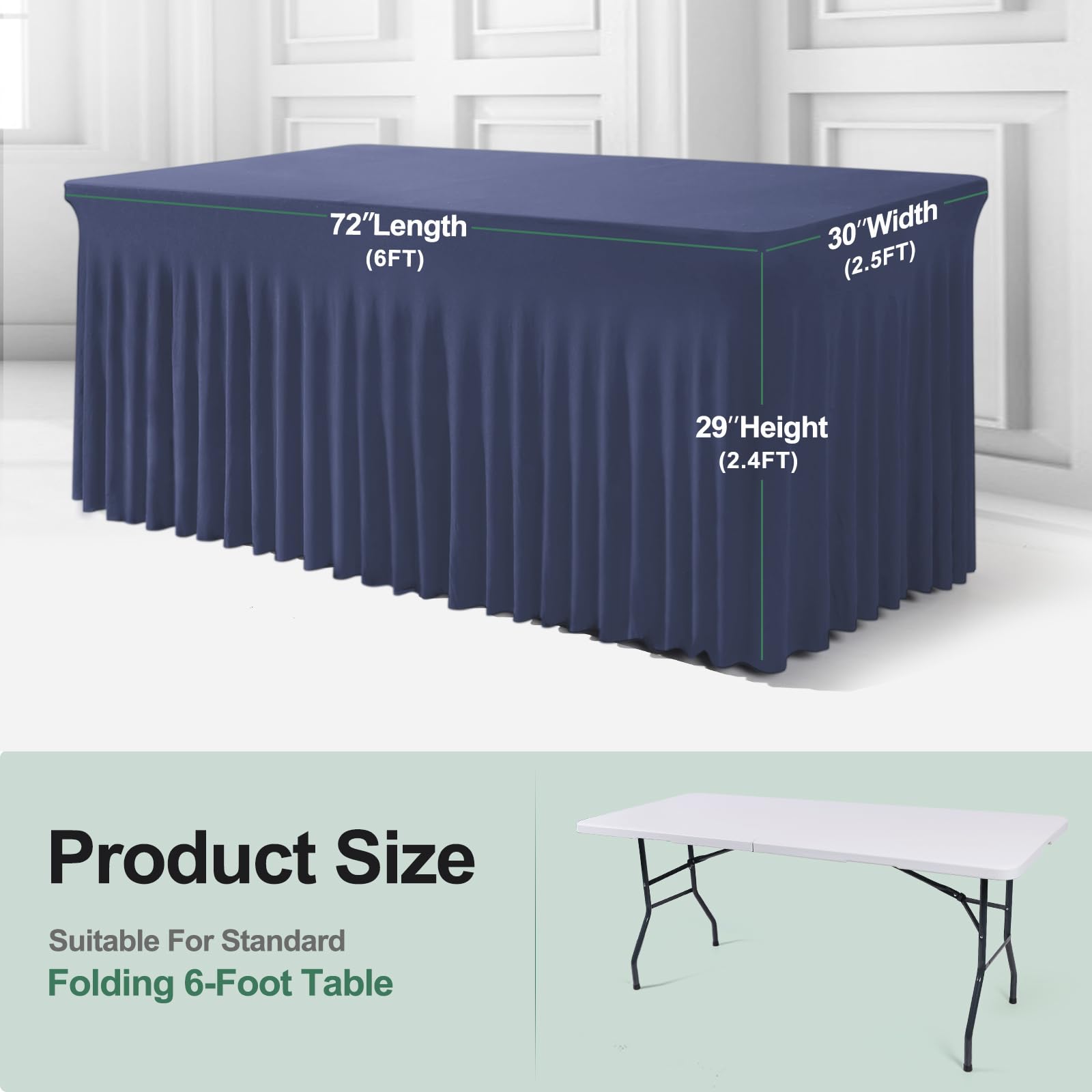 Bddc 2 Pack Table Skirts For Rectangle Tables 6Ft - One-Piece Navy Bluetable Covers For 6 Foot Tables, Wrinkle Resistant Ruffles