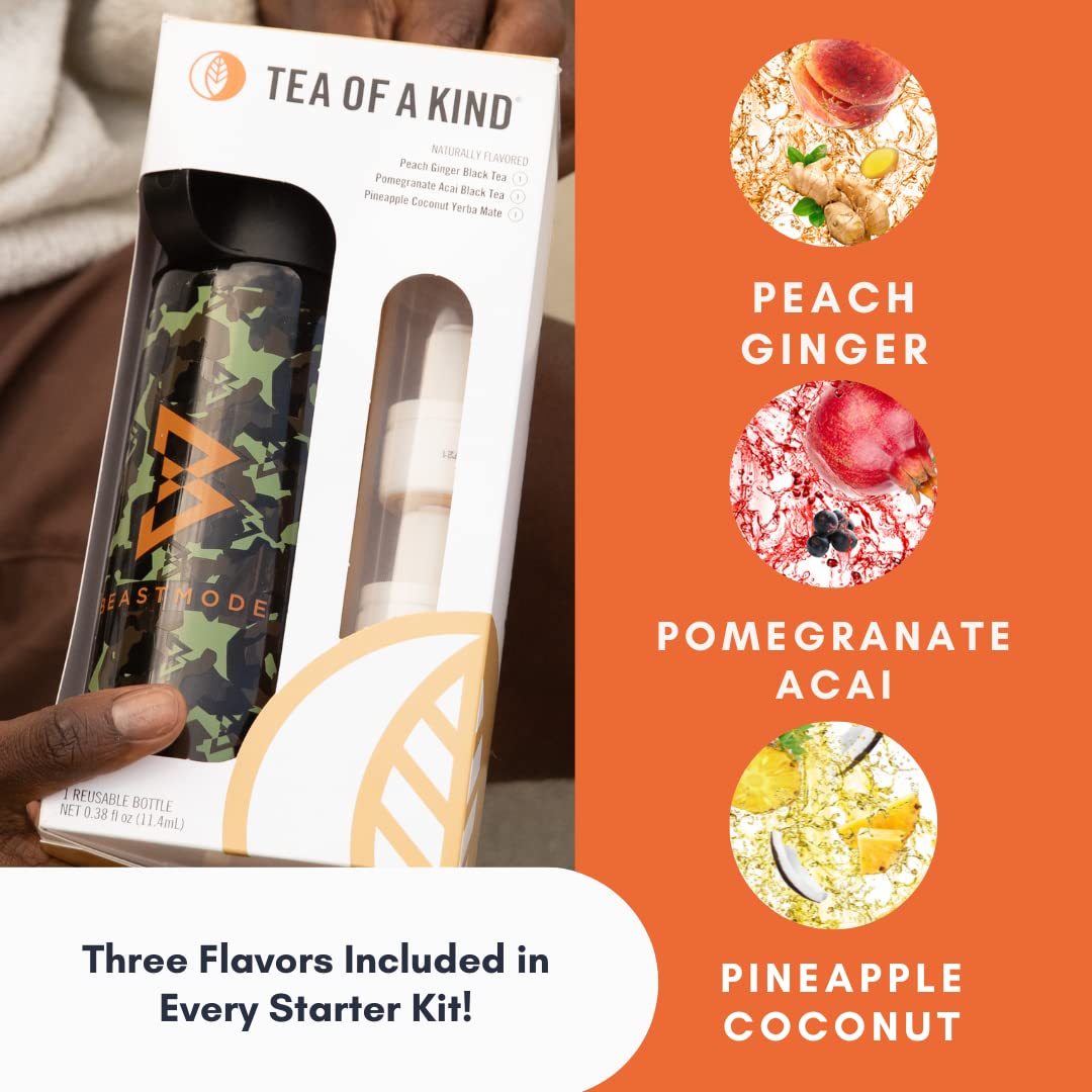 Tea Of A Kind Toak Reusable Water Bottle Starter Kit - Includes 3 Caps To Mix With Your Water, Portable Flavor Caps (Blue Bottle